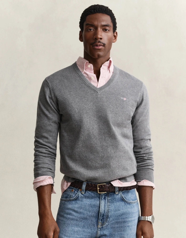 GANT Mens Classic Cotton Shield Logo V-Neck Jumper - 92 Dark Grey Melange