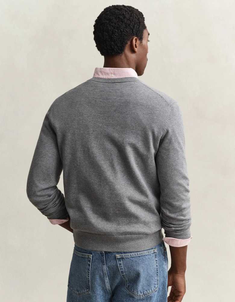 GANT Mens Classic Cotton Shield Logo V-Neck Jumper - 92 Dark Grey Melange