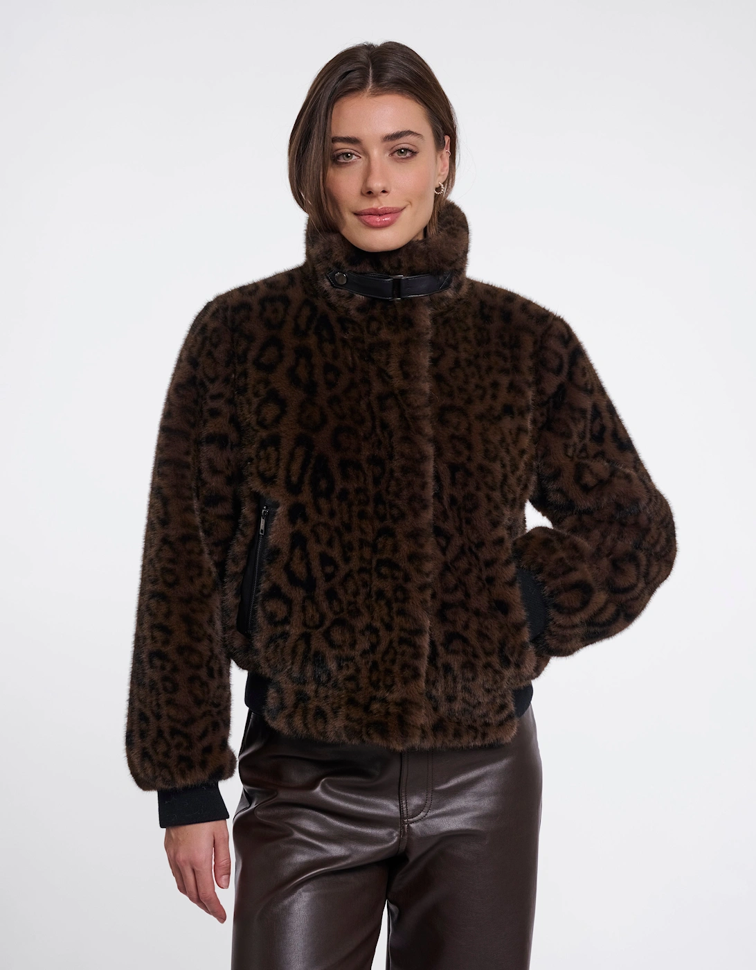 Rino & Pelle Ambra Womens Short Faux Fur Jacket - Brown Leopard