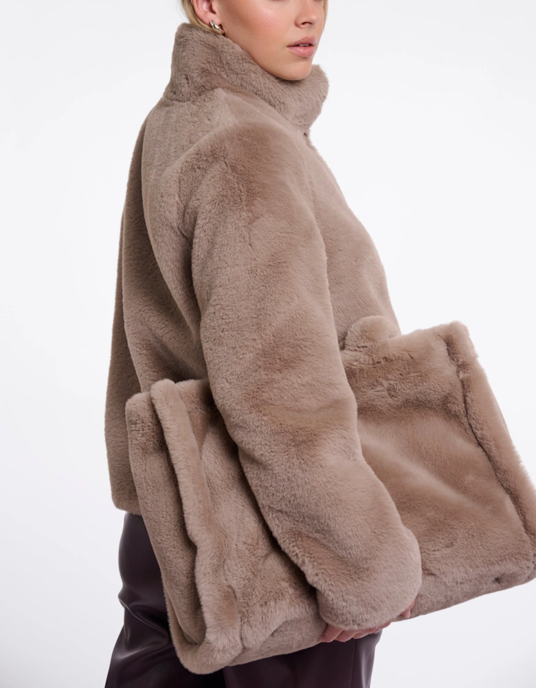 Rino & Pelle Vie Womens Single Breasted Faux Fur Jacket - Mocha Latte
