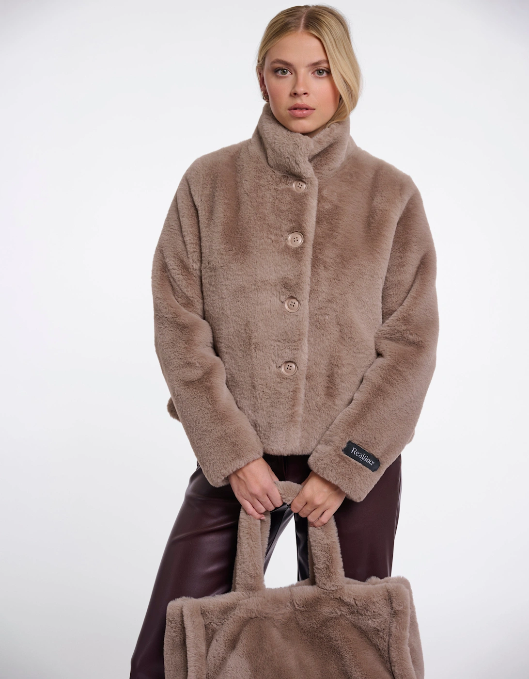 Rino & Pelle Vie Womens Single Breasted Faux Fur Jacket - Mocha Latte