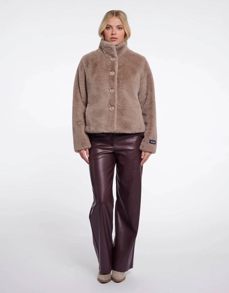Rino & Pelle Vie Womens Single Breasted Faux Fur Jacket - Mocha Latte