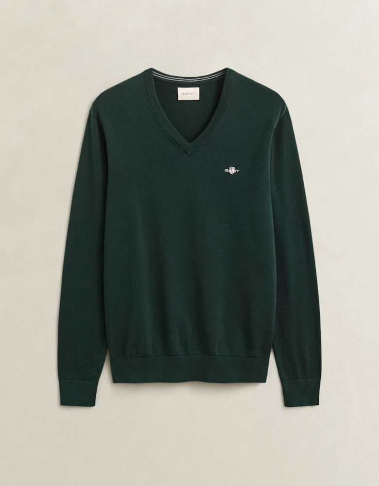 GANT Mens Classic Cotton Shield Logo V-Neck Jumper - 374 Tartan Green