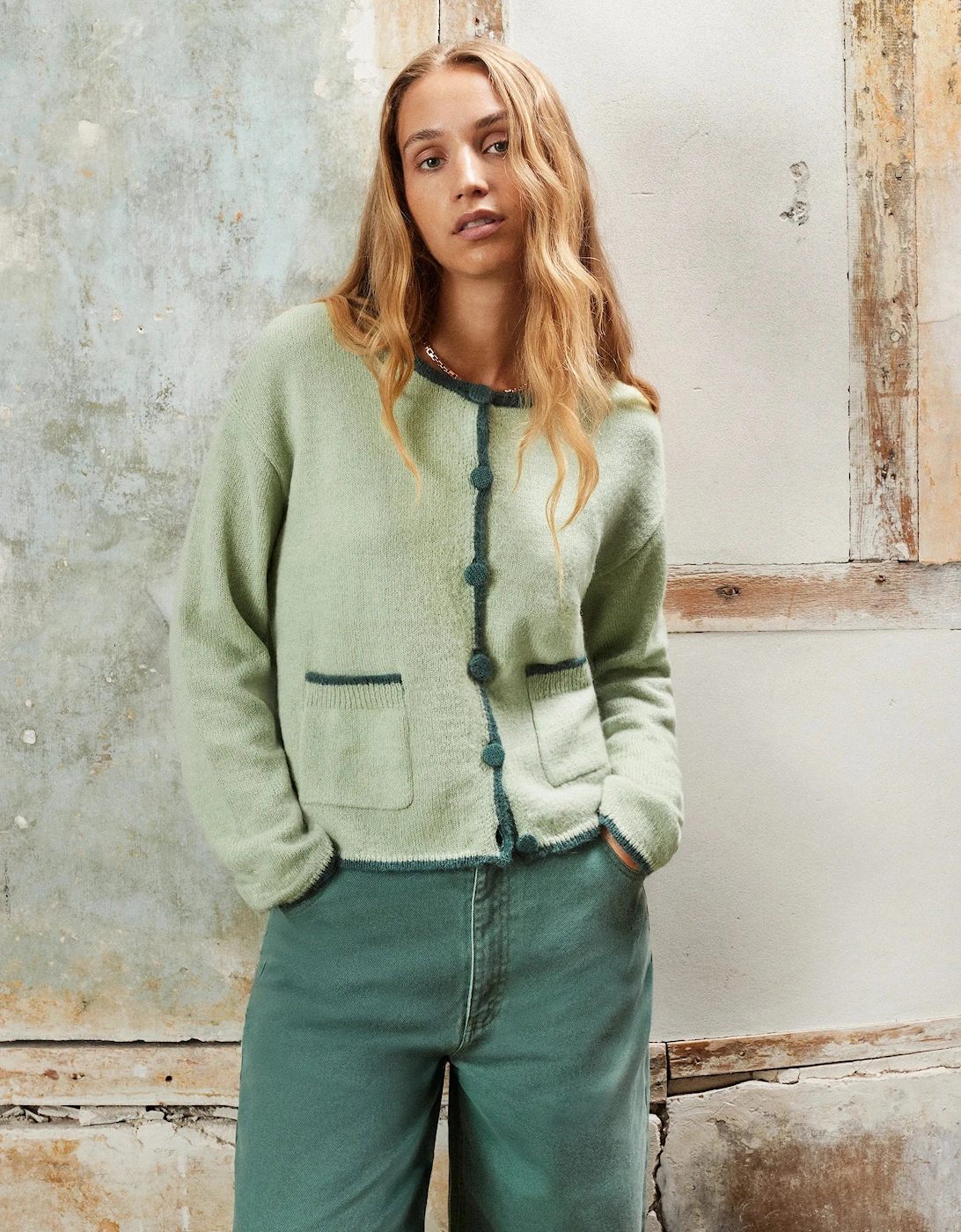 Contrast-Stitch Knit Cardigan with Wool and Alpaca