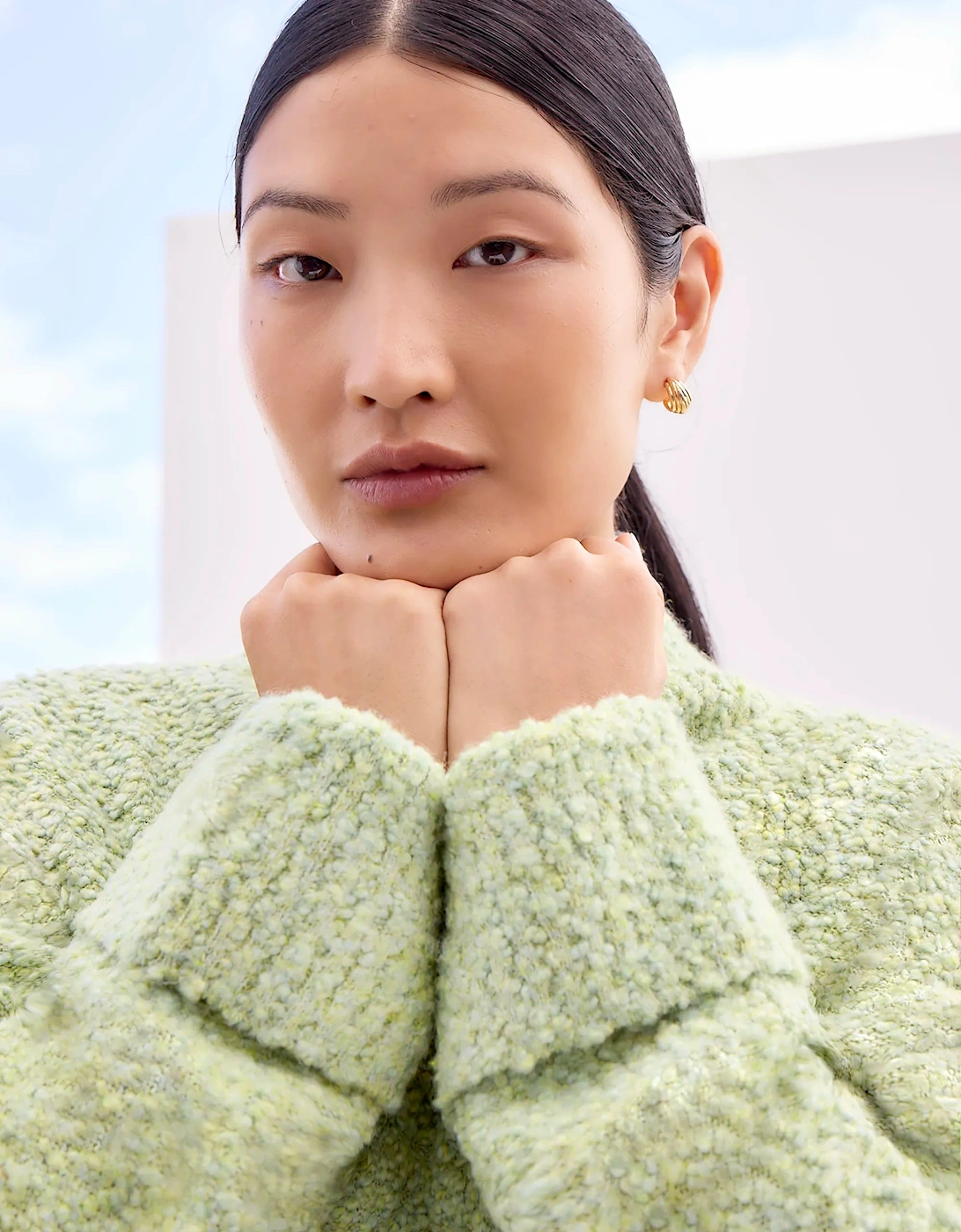 Green Boucle Deep Cuff Jumper