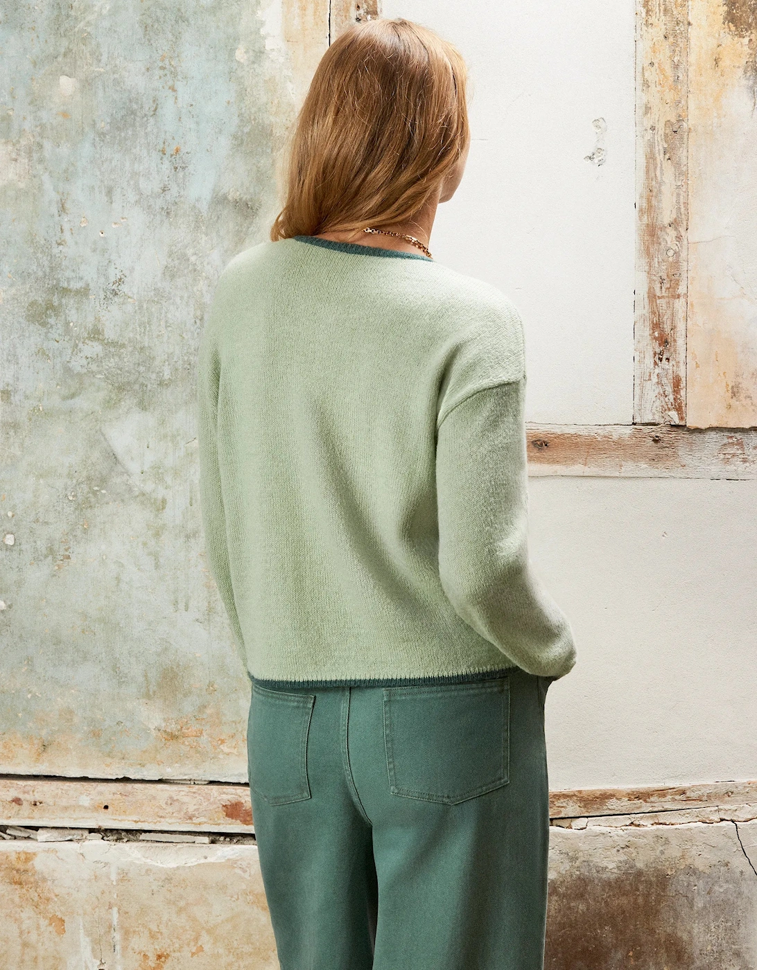 Contrast-Stitch Knit Cardigan with Wool and Alpaca
