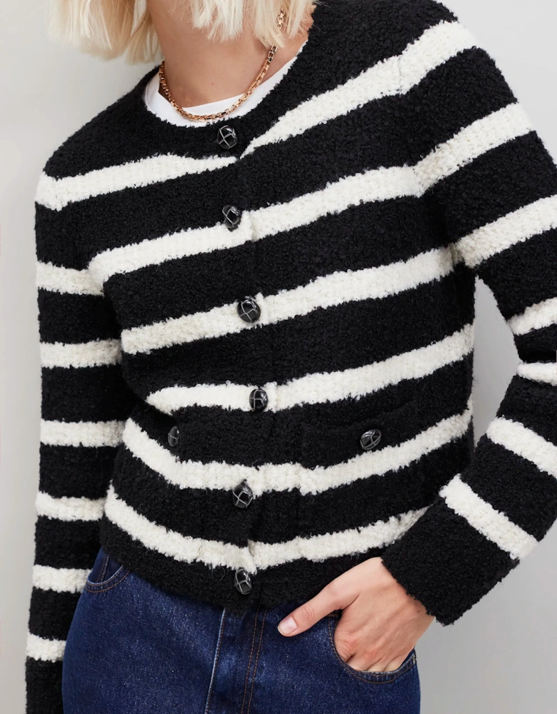 Black and White Striped Boucle-Knit Cardigan