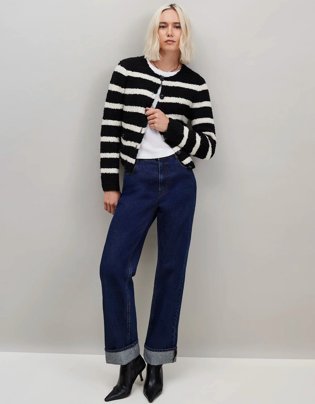 RO&ZO RO&ZO Women's Black and White Striped Boucle-Knit Cardigan