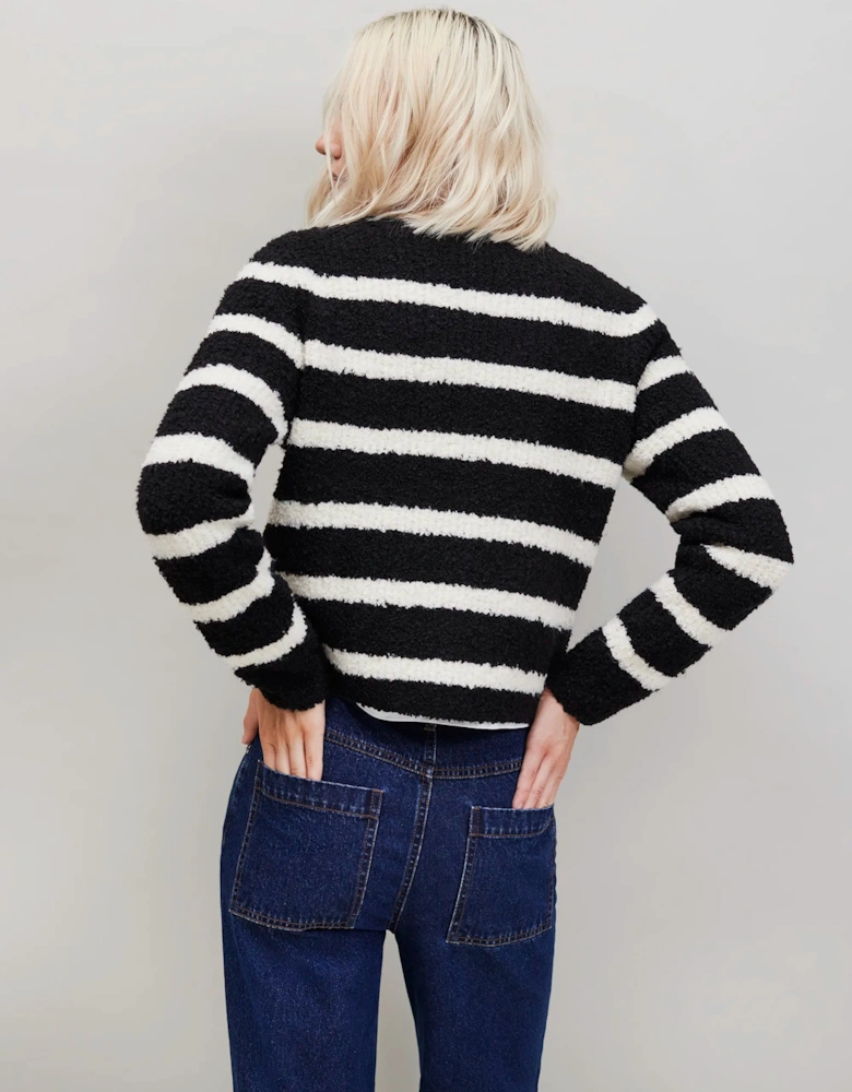 Black and White Striped Boucle-Knit Cardigan