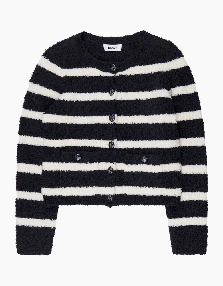 Black and White Striped Boucle-Knit Cardigan