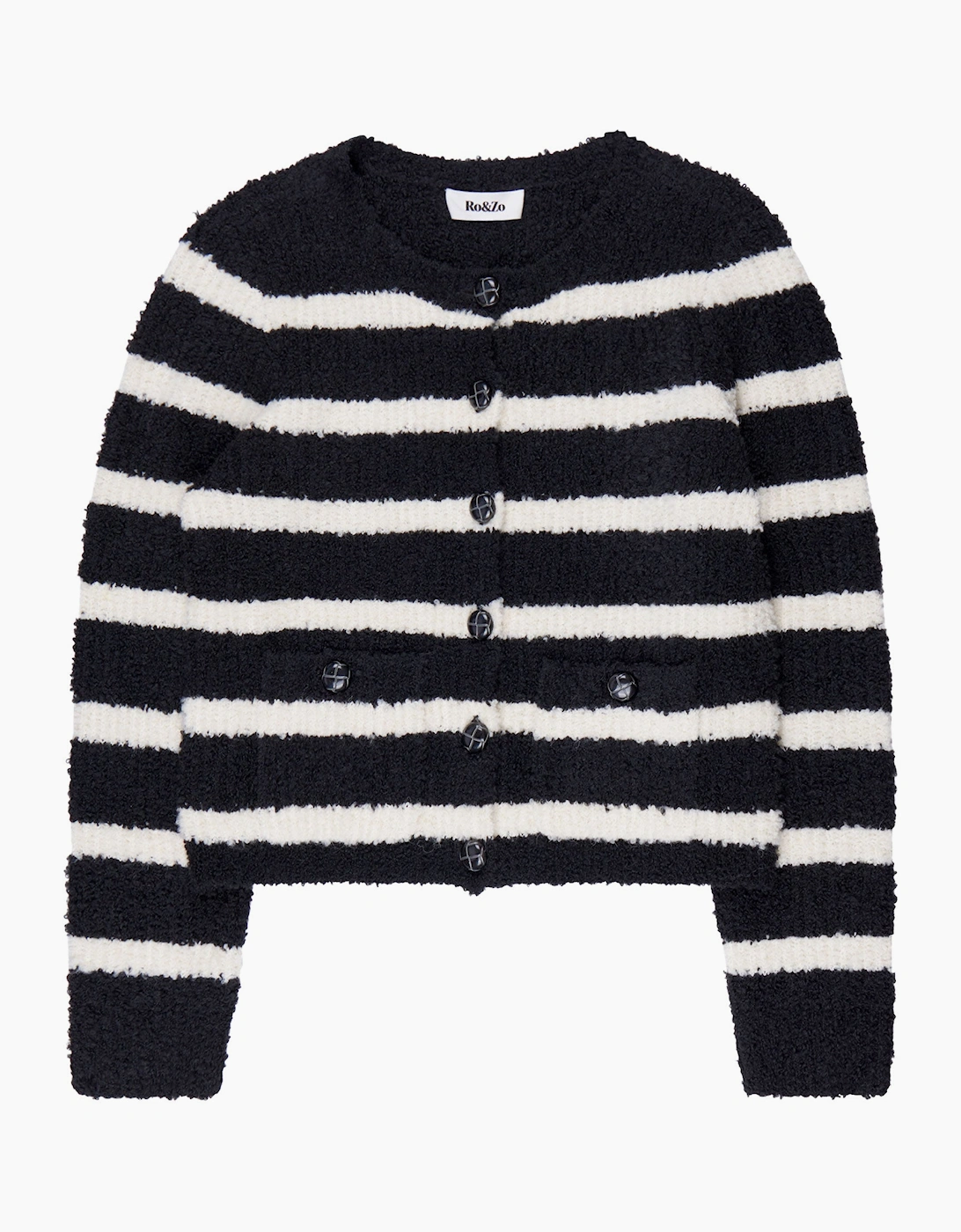 Black and White Striped Boucle-Knit Cardigan