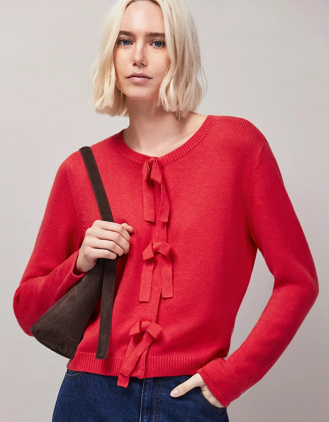 Red Bow Front Knit Cardigan With Cashmere