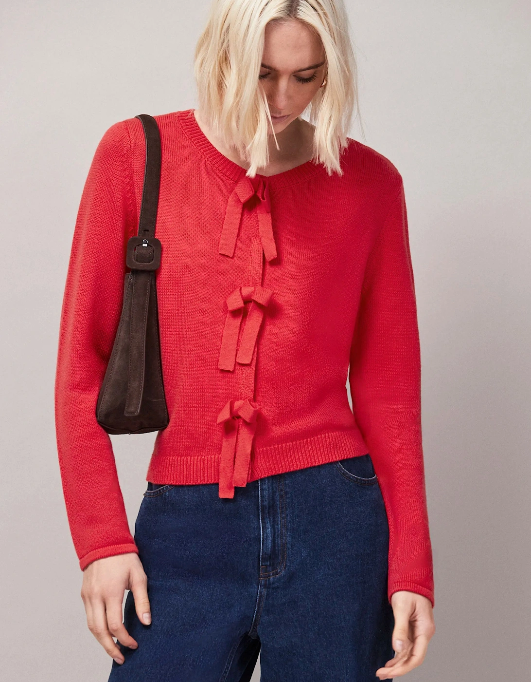 Red Bow Front Knit Cardigan With Cashmere