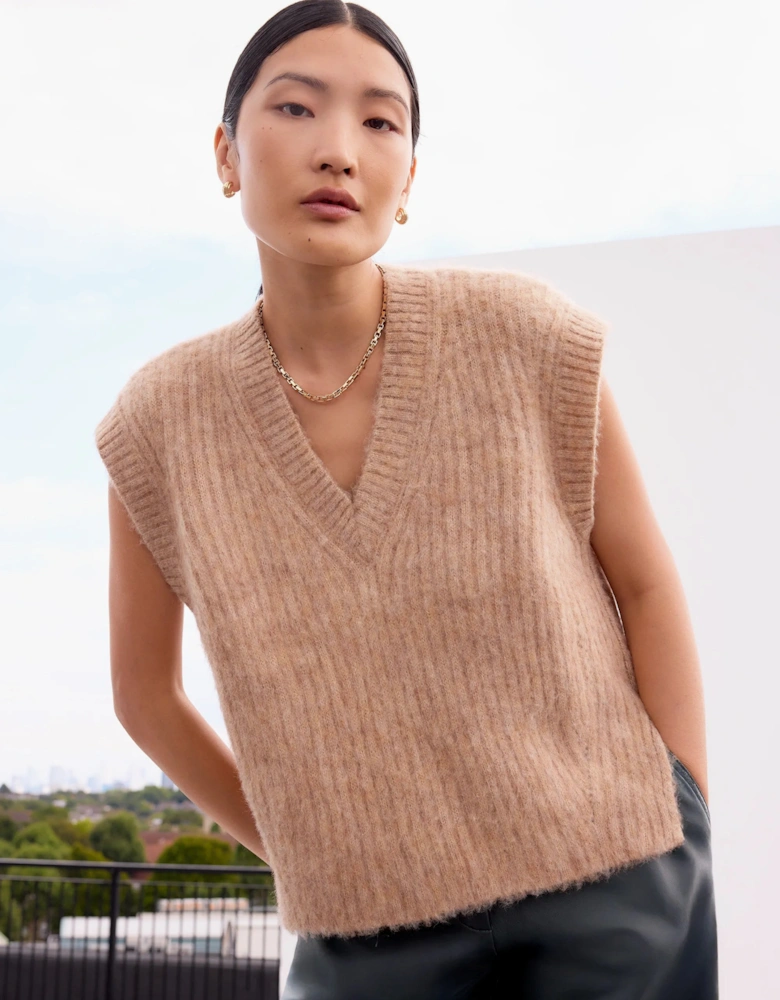 Caramel V-Neck Knit Vest with Wool and Alpaca