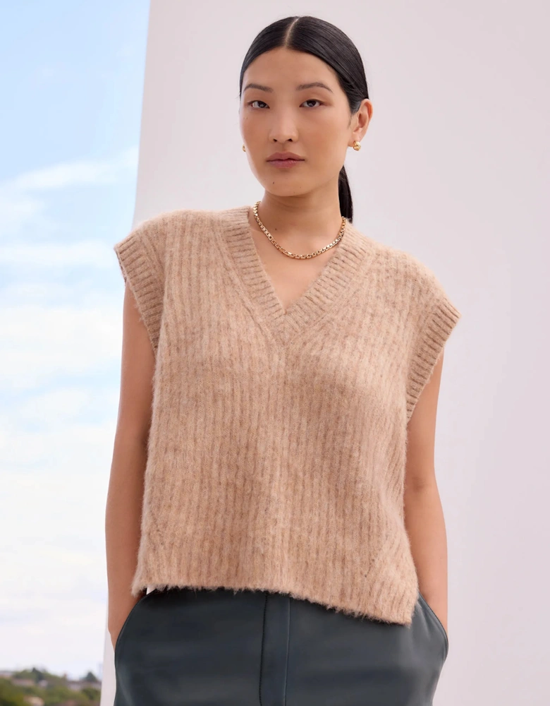 Caramel V-Neck Knit Vest with Wool and Alpaca