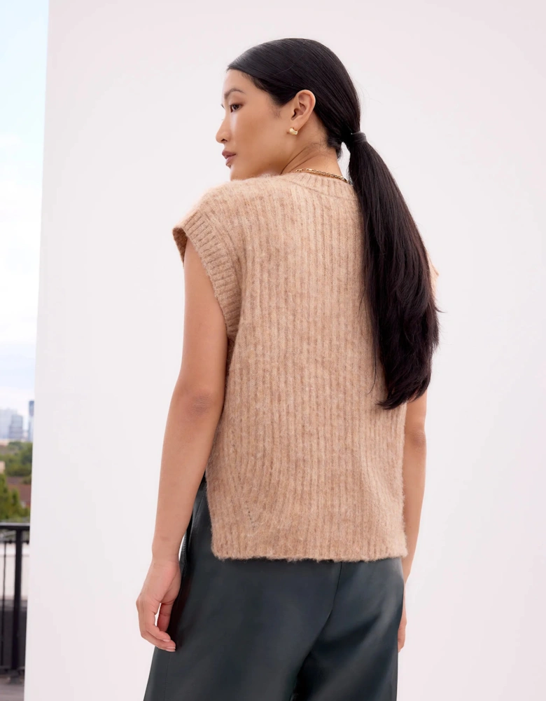 Caramel V-Neck Knit Vest with Wool and Alpaca