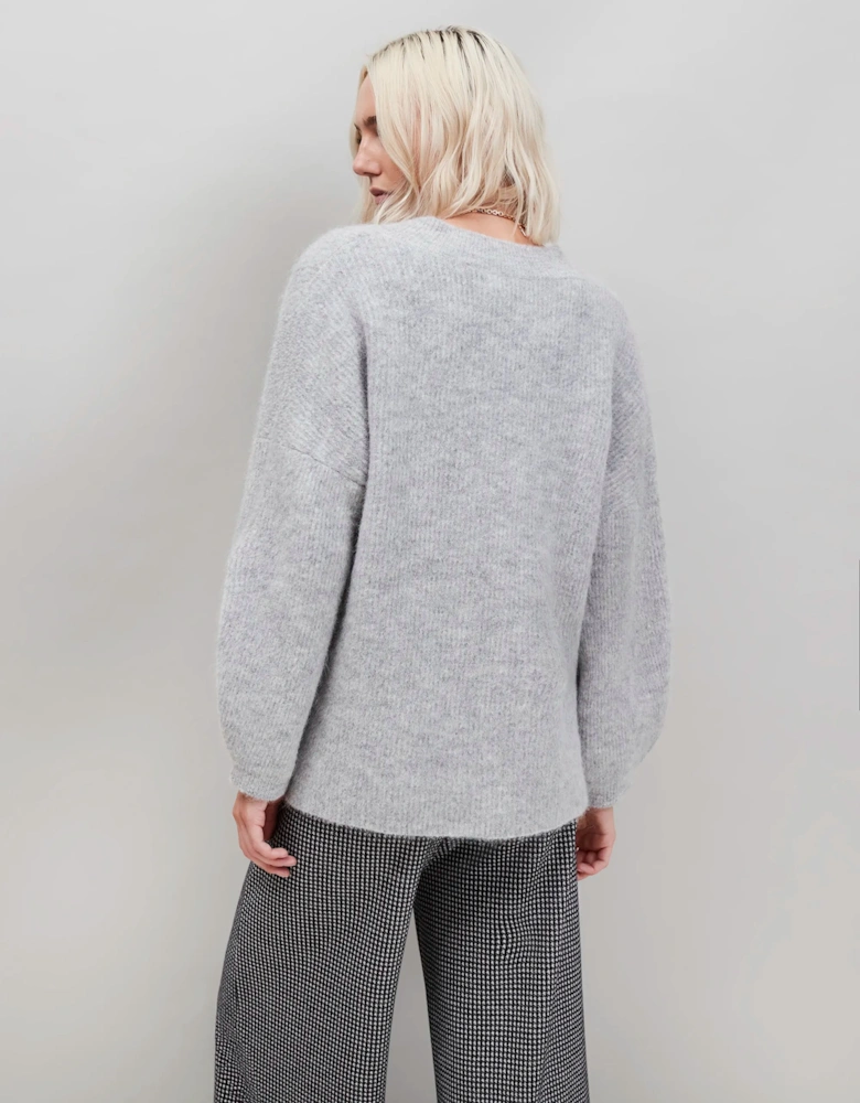 Grey Fluffy Knit Jumper With Alpaca