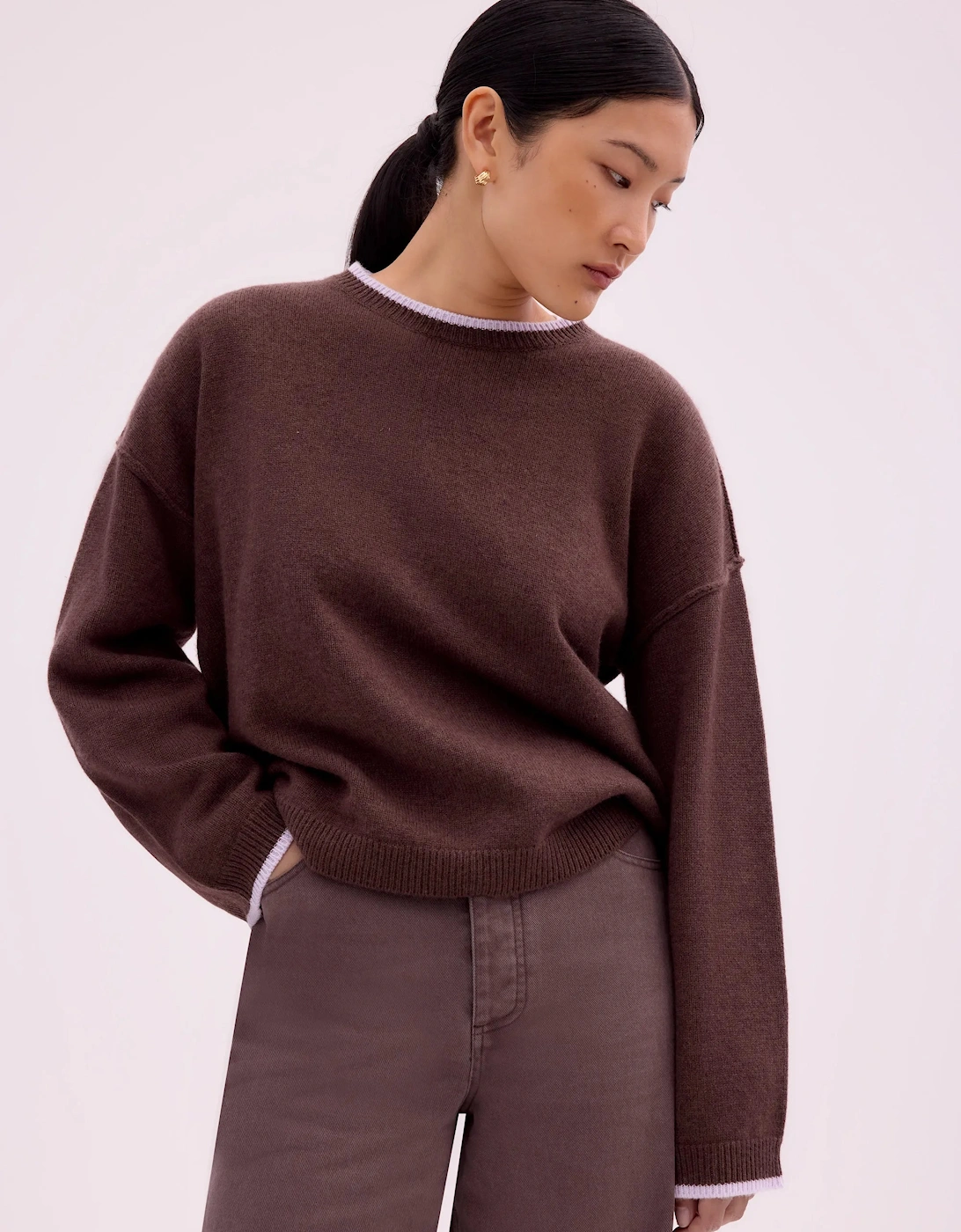 Brown Tipped Detail Knit Jumper With Cashmere