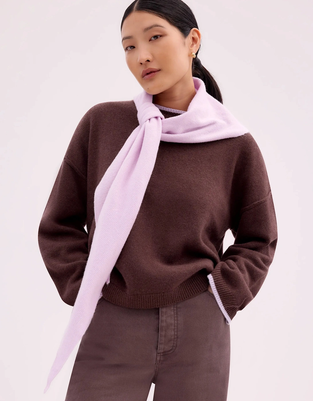 Brown Tipped Detail Knit Jumper With Cashmere