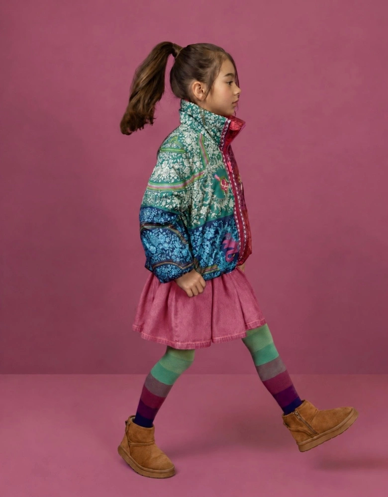 Girls Burgundy Pink Printed Puffer Coat