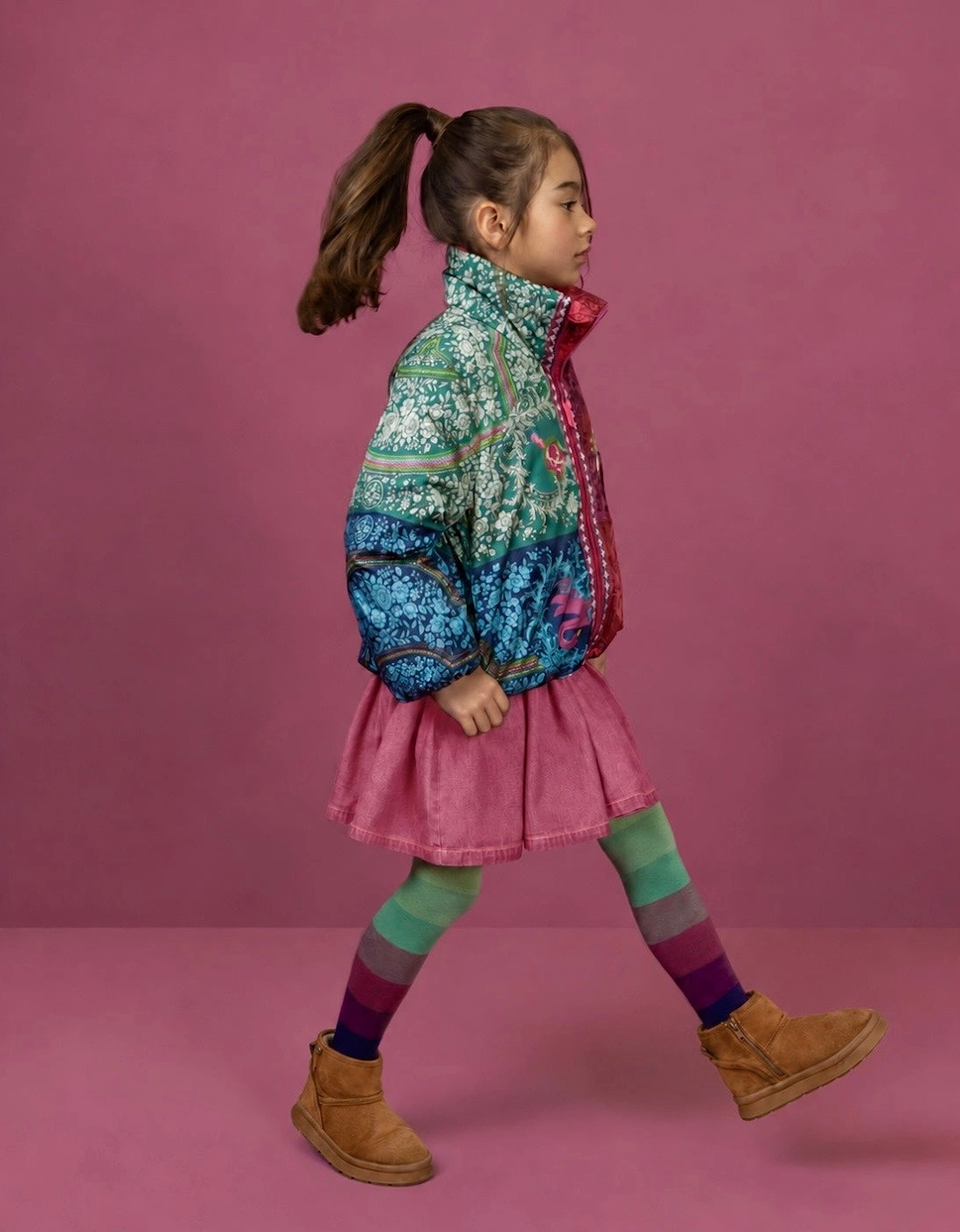 Girls Burgundy Pink Printed Puffer Coat