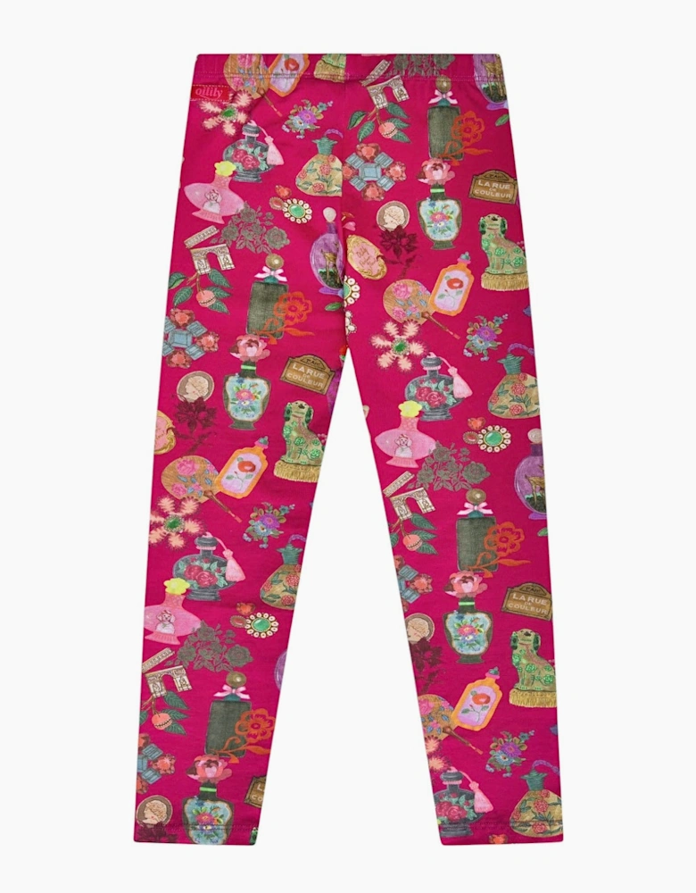 Girls Fuchsia Pink Printed Cotton Leggings