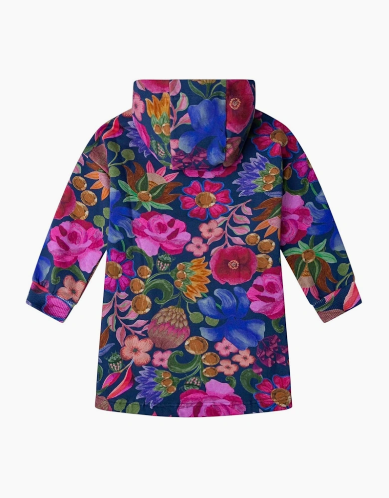 Girls Blue Multicoloured Floral Hooded Dress