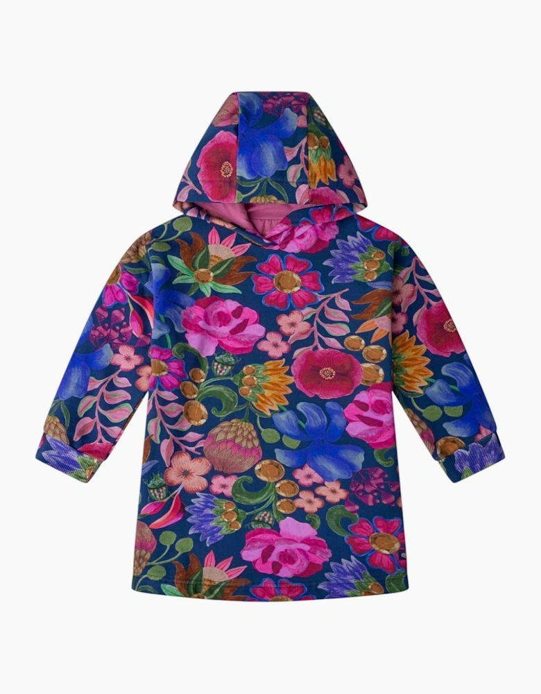 Girls Blue Multicoloured Floral Hooded Dress