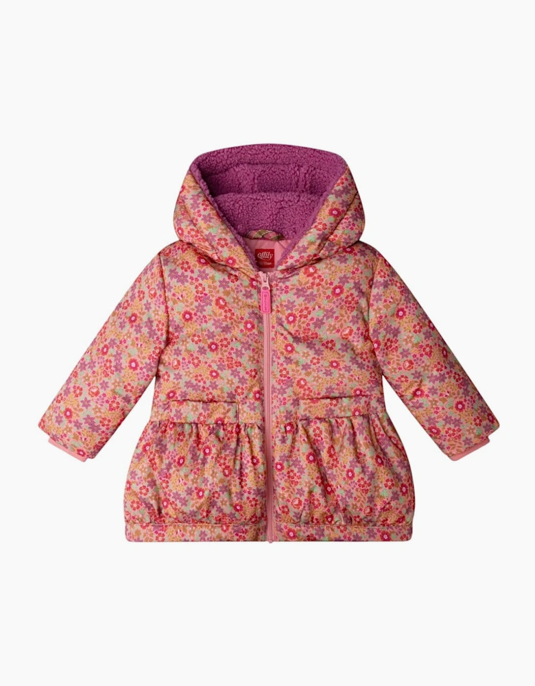 Girls Pink Floral Boucle Hood Padded Coat
