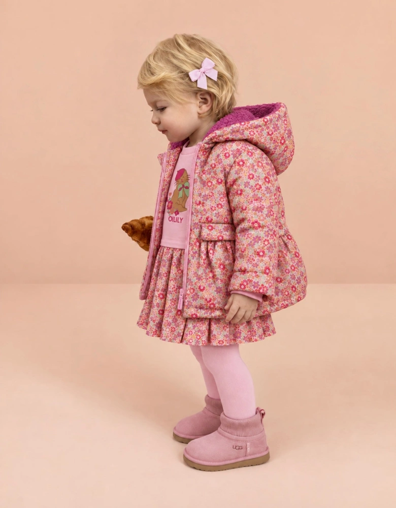 Girls Pink Floral Boucle Hood Padded Coat