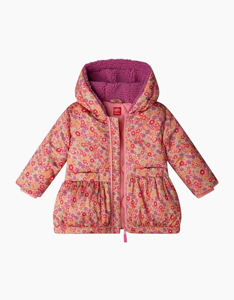 Girls Pink Floral Boucle Hood Padded Coat