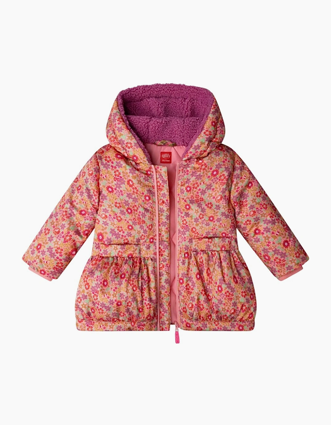 Girls Pink Floral Boucle Hood Padded Coat