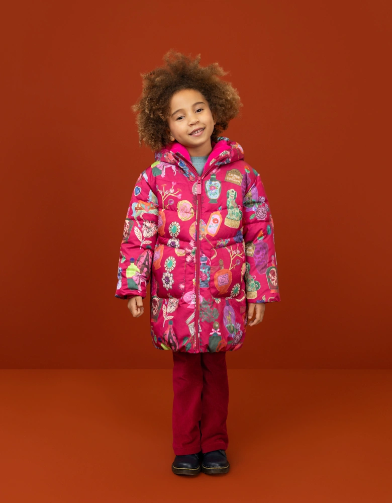 Girls Fuchsia Pink Printed Long Padded Coat