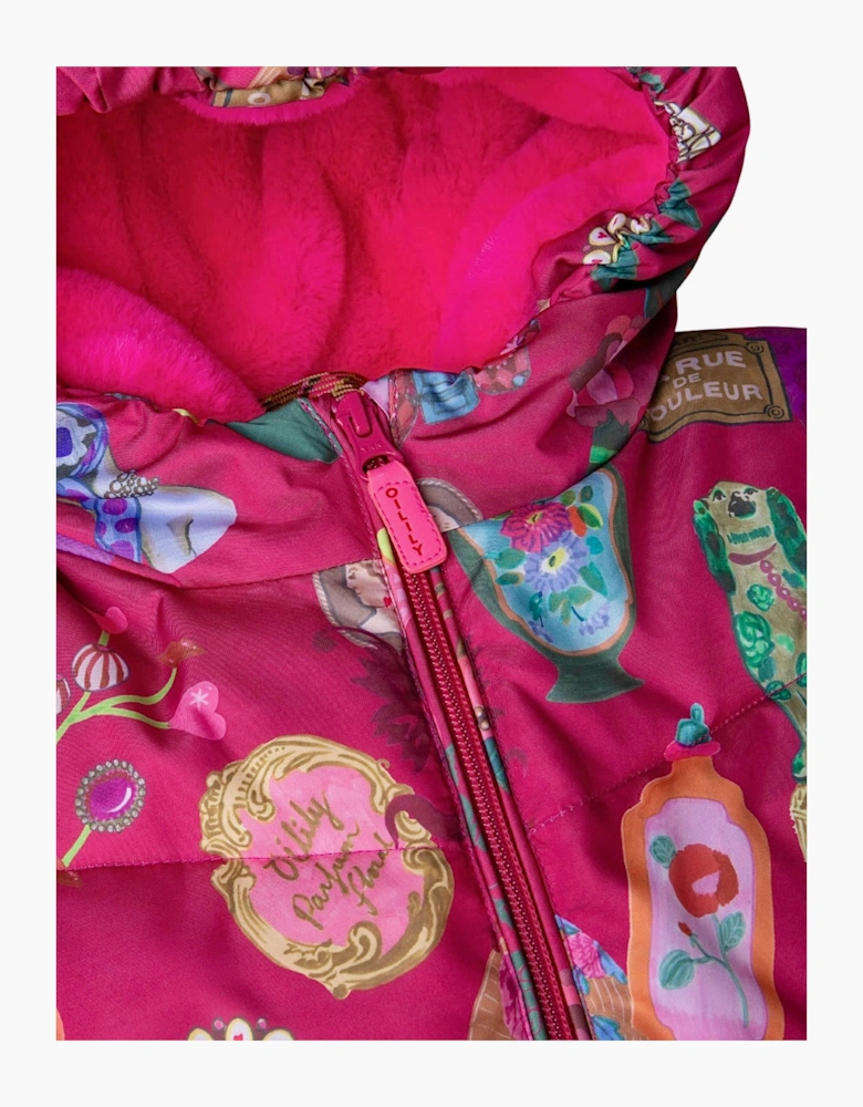 Girls Fuchsia Pink Printed Long Padded Coat