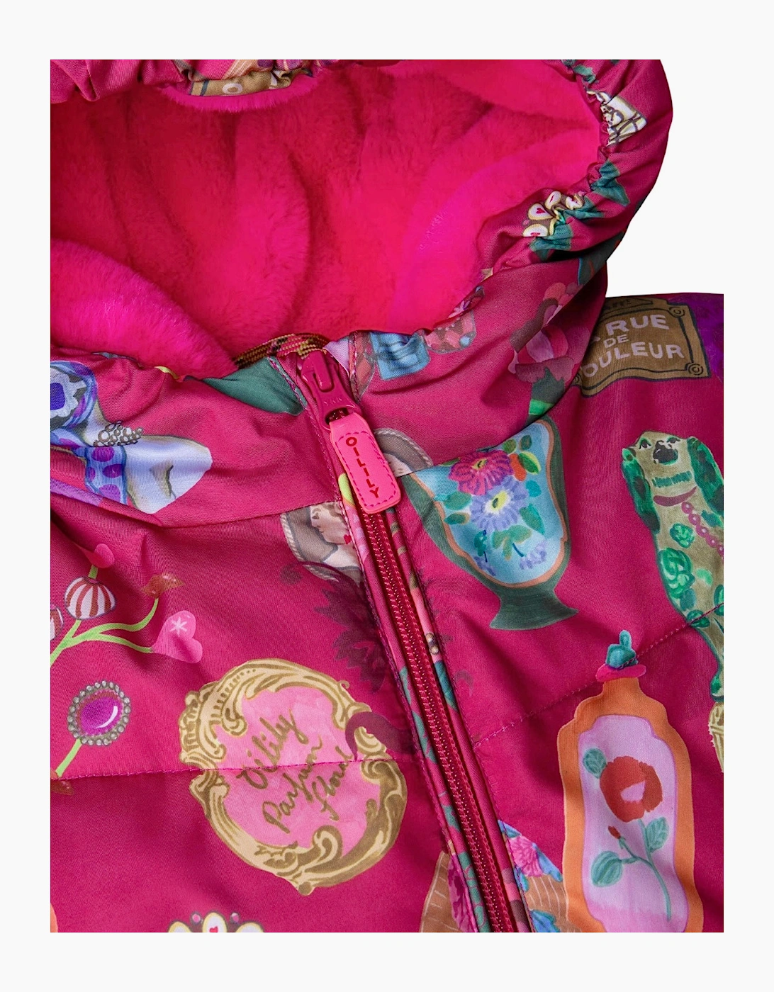 Girls Fuchsia Pink Printed Long Padded Coat