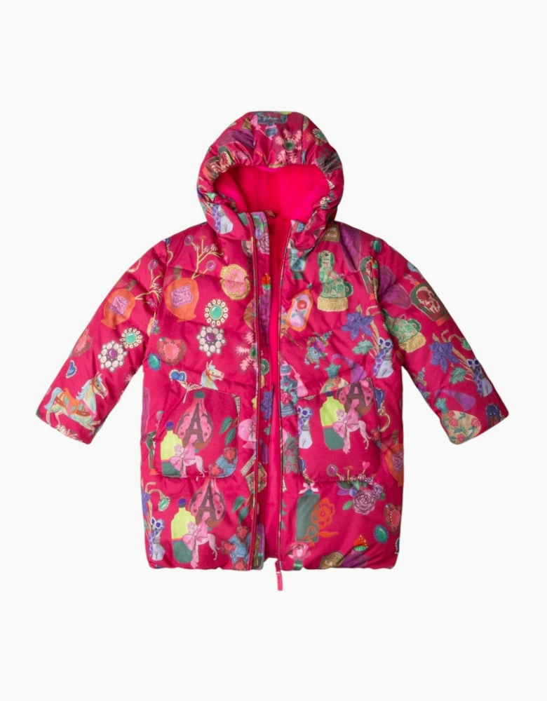 Girls Fuchsia Pink Printed Long Padded Coat
