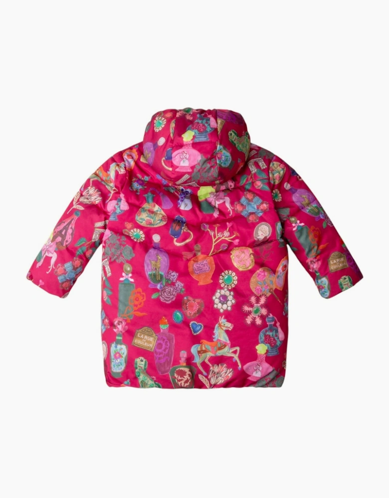 Girls Fuchsia Pink Printed Long Padded Coat