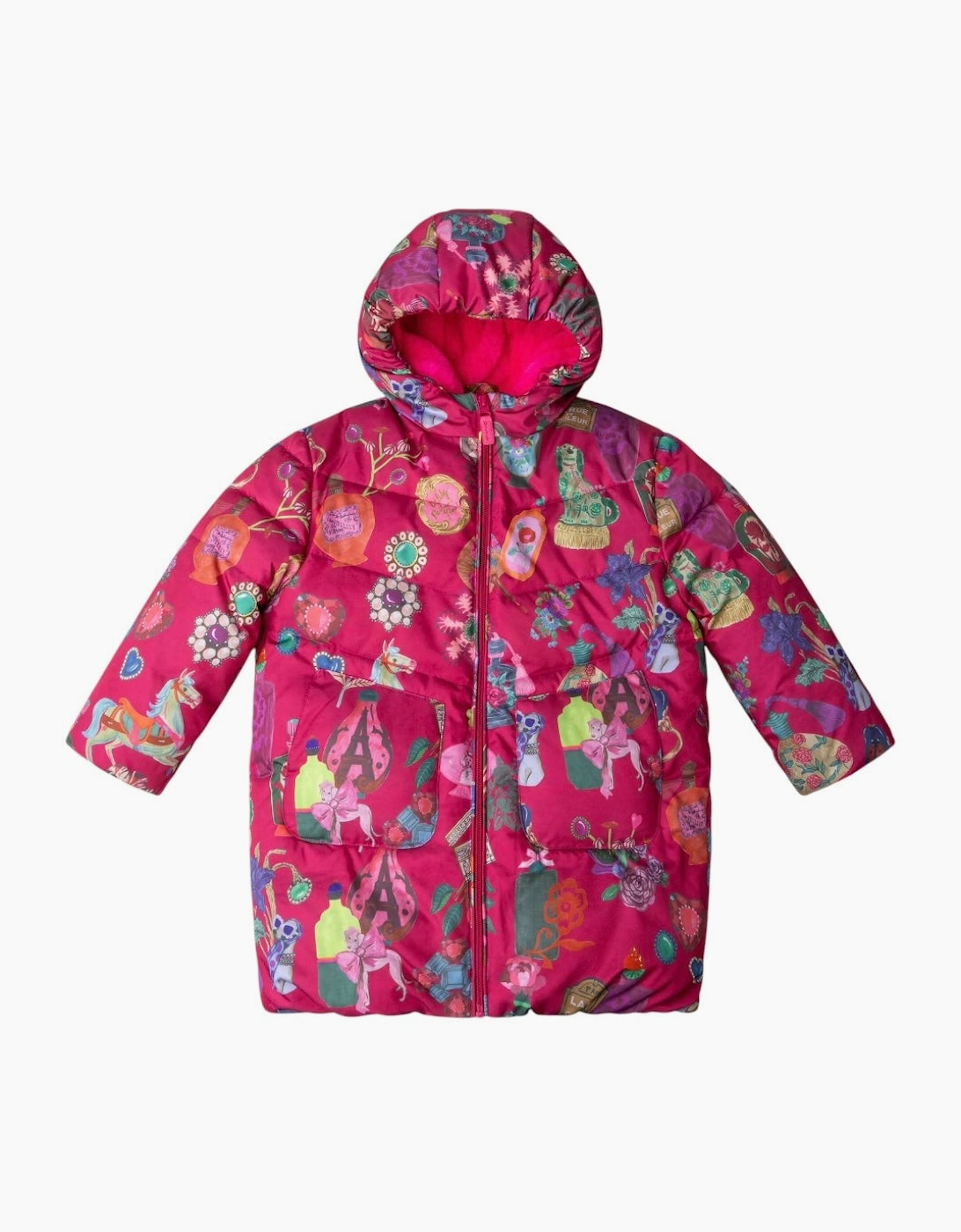Girls Fuchsia Pink Printed Long Padded Coat
