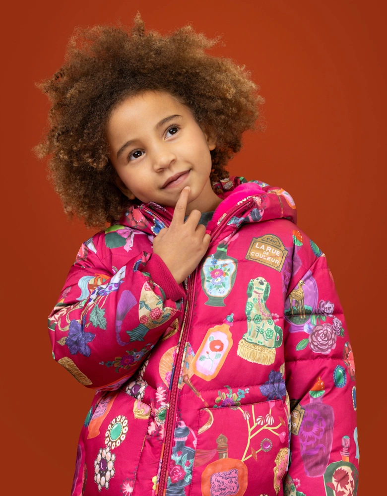 Girls Fuchsia Pink Printed Long Padded Coat