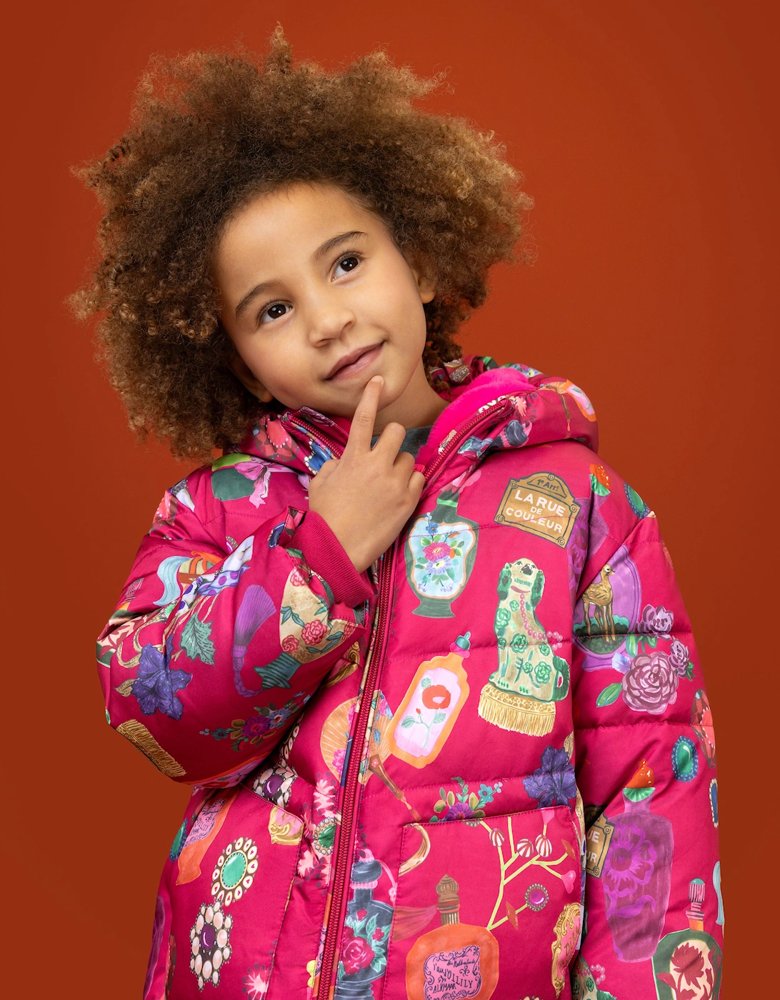 Girls Fuchsia Pink Printed Long Padded Coat