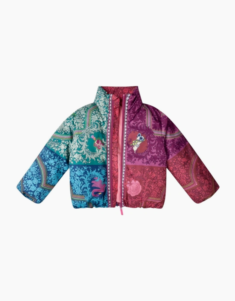 Girls Burgundy Pink Printed Puffer Coat