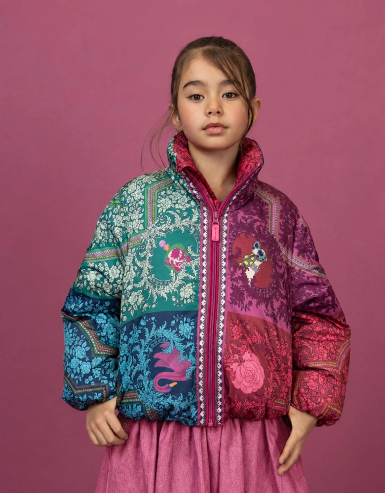 Girls Burgundy Pink Printed Puffer Coat