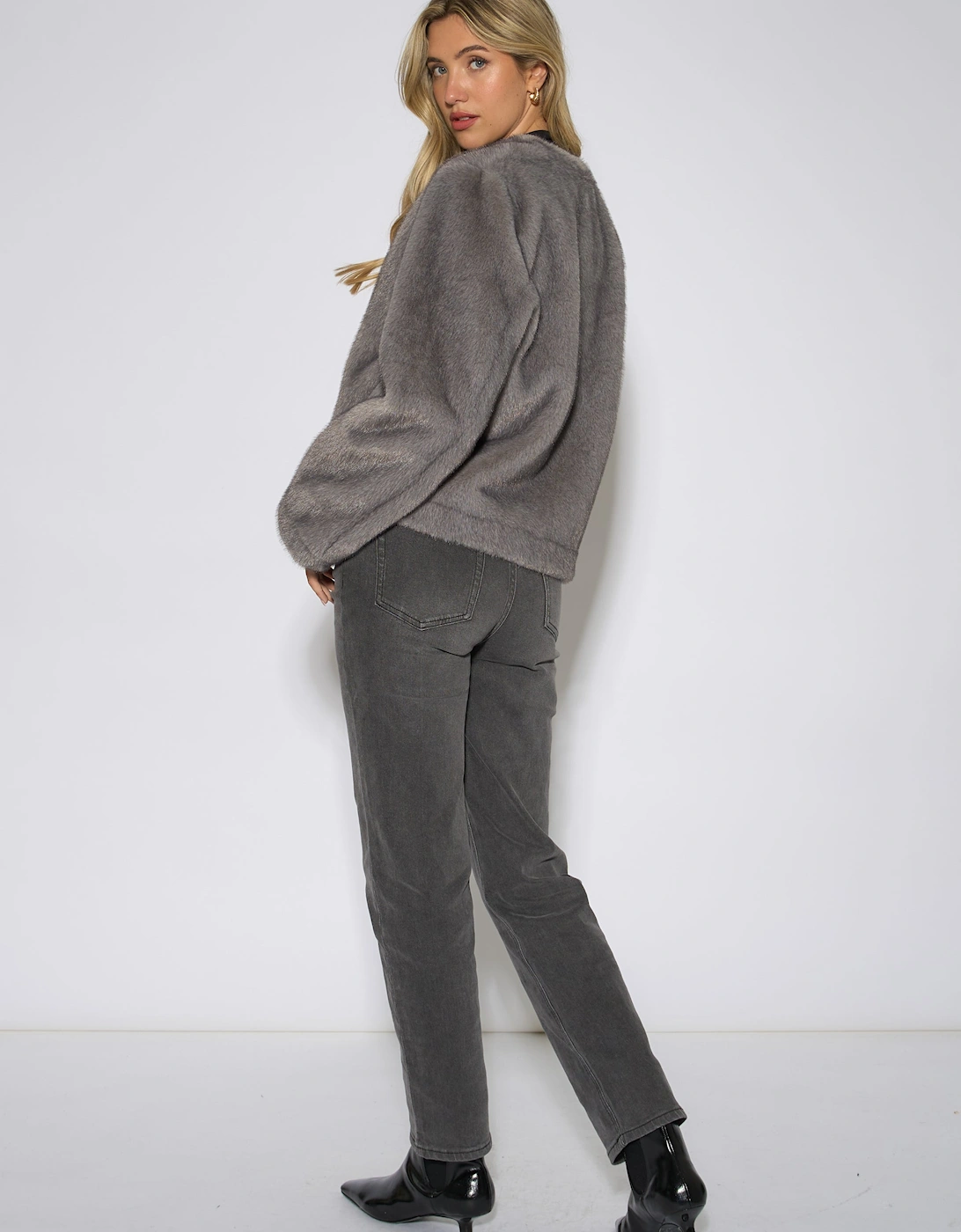 Mid Grey Short Faux Fur Jacket