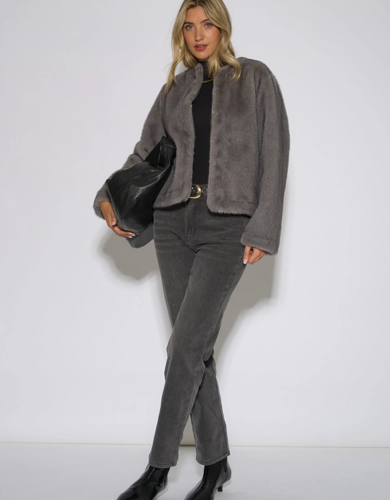 Mid Grey Short Faux Fur Jacket