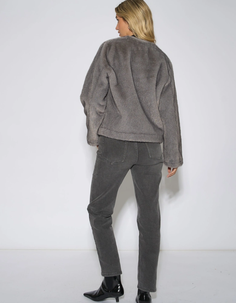 Mid Grey Short Faux Fur Jacket