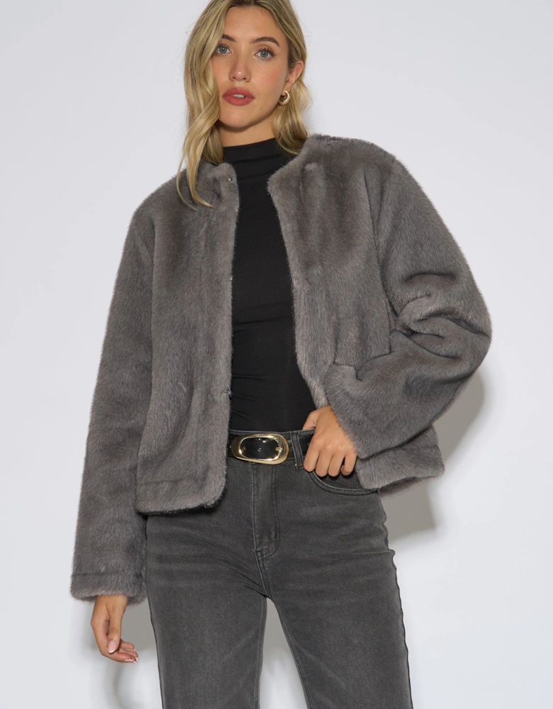 Mid Grey Short Faux Fur Jacket