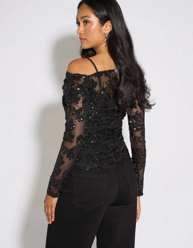 Black Floral Sequin Asymmetric Top