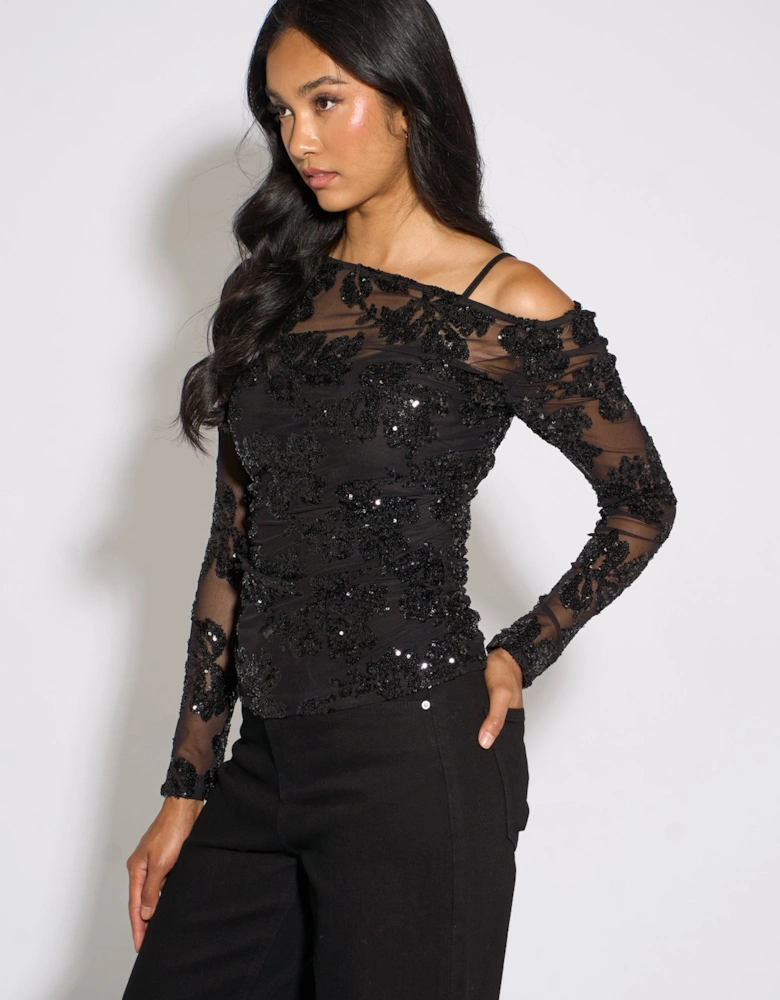 Black Floral Sequin Asymmetric Top