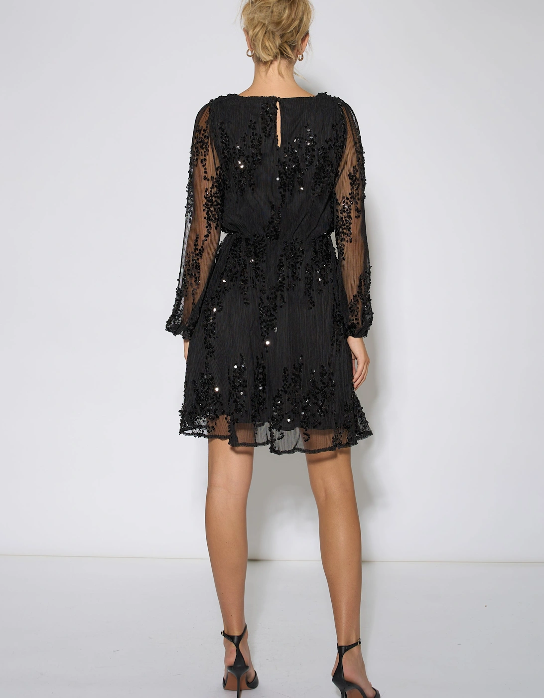 Black Sequin Floral V Neck Mini Dress