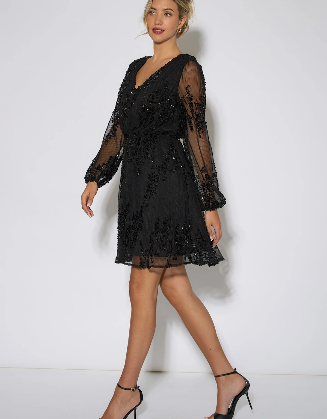 Black Sequin Floral V Neck Mini Dress